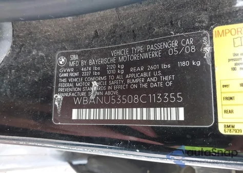 2008 BMW 528I from USA, damaged, VIN WBANU53508C113355